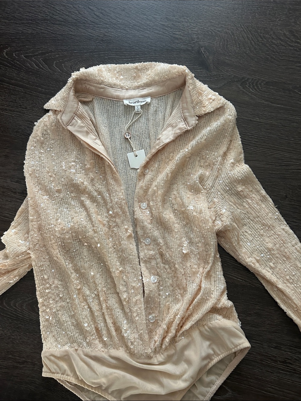 Heartloom Sequin Collared Bodysuit in Blush Champagne